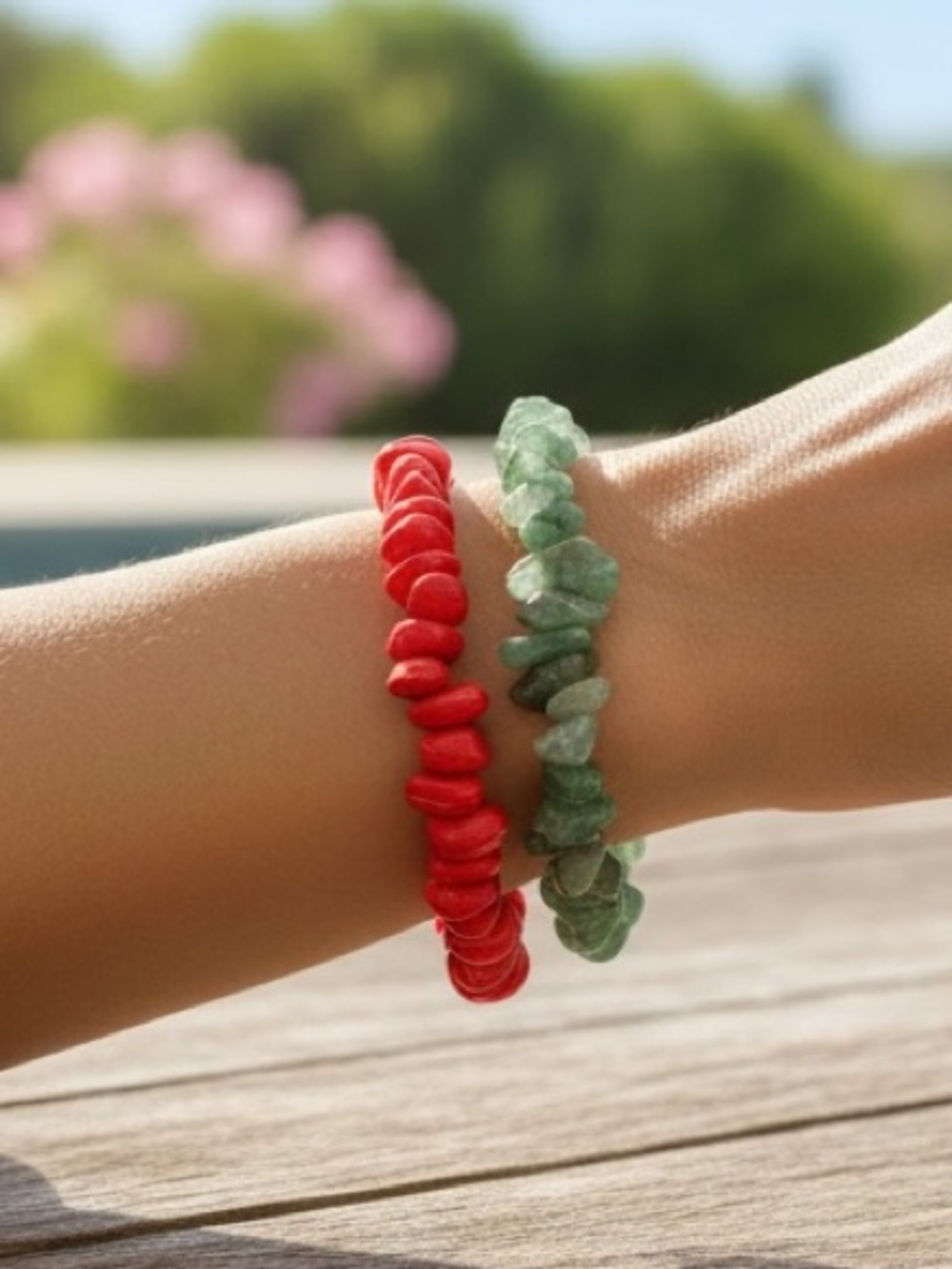 Boho Red & Green Beaded gemstone Chip Bracelets - Stackable Set